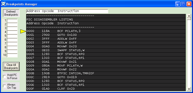 PIC Simulator breakpoints