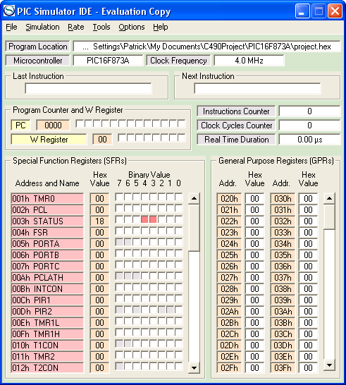 PIC Simulator main screen
