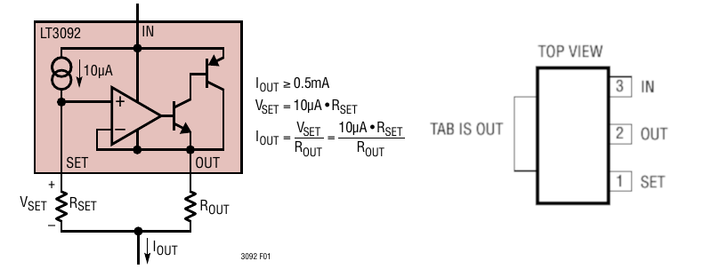 Figure 7: LT3092 (left = interal schematic, right = device pinout