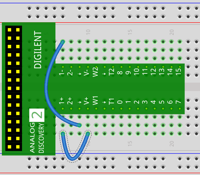 Figure 15: Breadboard connections to measure V+ on Channel 1