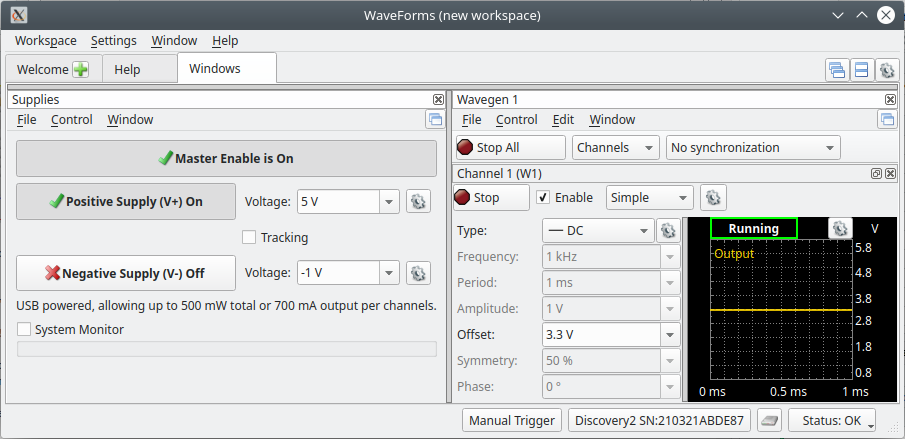 Figure 3: Using DC supplies on both the Supplies screen and Wavegen screen