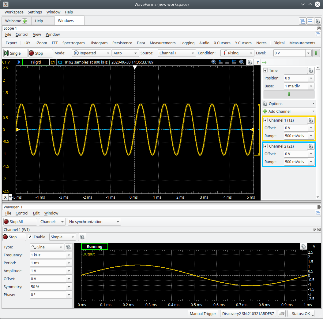 Figure 5: Scope/Wavegen split screen