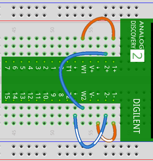 Figure 1: Both Wavegen to Scope channels connected using the breadboard