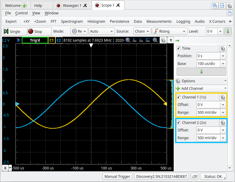 Figure 6: Scope measuring the Wavegen channel outputs