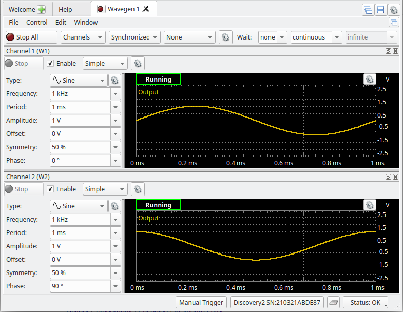 Figure 5: Both Wavegen channels running with 90° phase shift